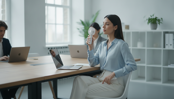 Femme active rafraîchie discrètement par un mini ventilateur portable en réunion dans un open space lumineux