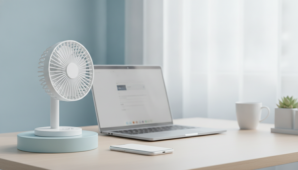 Ventilateur portable blanc posé sur un bureau moderne avec support téléphone, ordinateur portable en arrière-plan