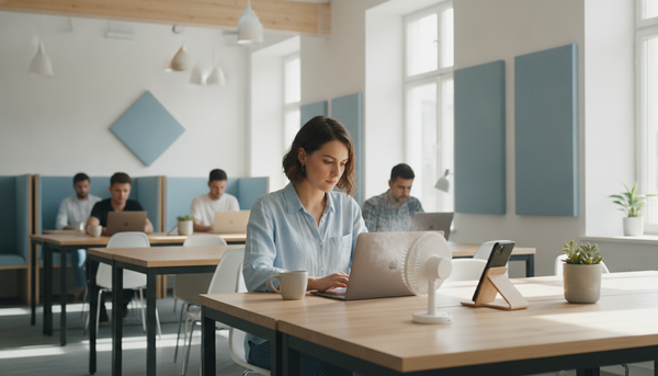 Femme active concentrée devant son ordinateur en coworking avec un petit ventilateur et support téléphone sur le bureau