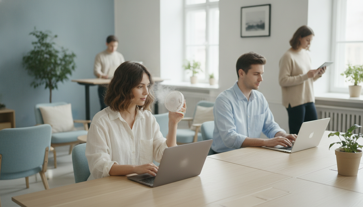 Femme utilisant discrètement un petit ventilateur silencieux dans un espace de coworking calme et lumineux