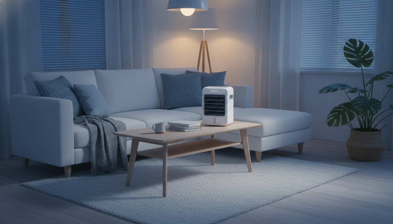 Petit rafraîchisseur d'air blanc posé sur une table basse dans un salon minimaliste en soirée