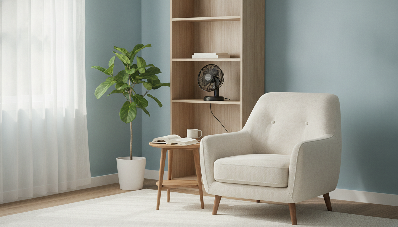 Petit ventilateur de table noir orientable posé sur une étagère dans un coin lecture minimaliste