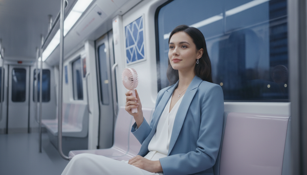 Jeune femme élégante dans une rame de métro tenant un mini ventilateur de poche rose pâle