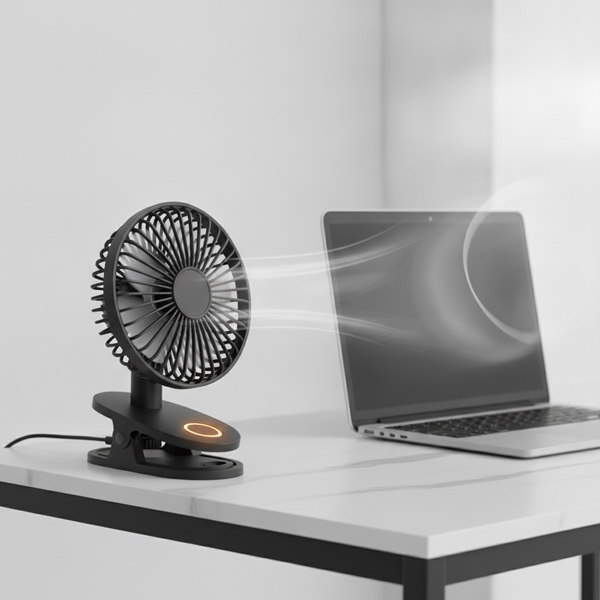 Ventilateur a pince orientable 360 degres avec veilleuse sur un bureau