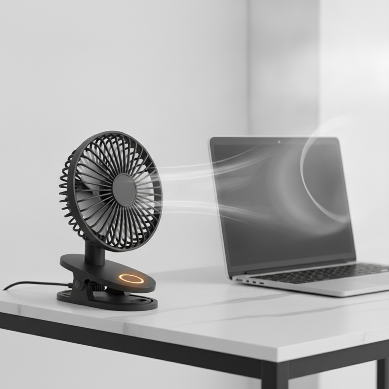 Ventilateur a pince orientable 360 degres avec veilleuse sur un bureau